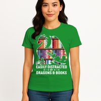 Easily Distracted By Dragons and Books Fantasy Book Lover Womens T-Shirt
