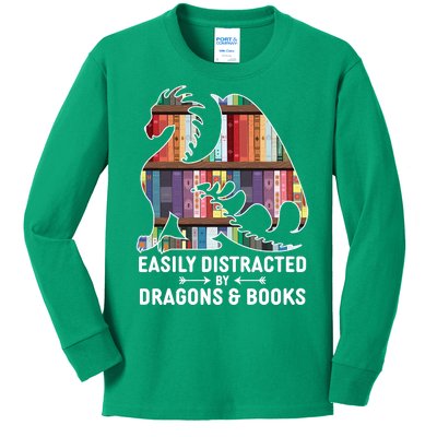 Easily Distracted By Dragons and Books Fantasy Book Lover Kids Long Sleeve Shirt