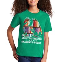 Easily Distracted By Dragons and Books Fantasy Book Lover Kids T-Shirt
