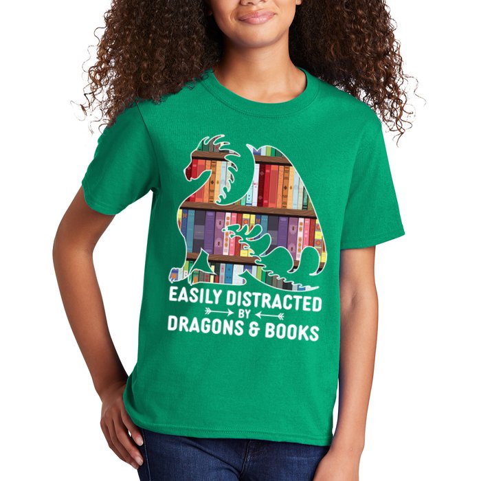 Easily Distracted By Dragons and Books Fantasy Book Lover Kids T-Shirt