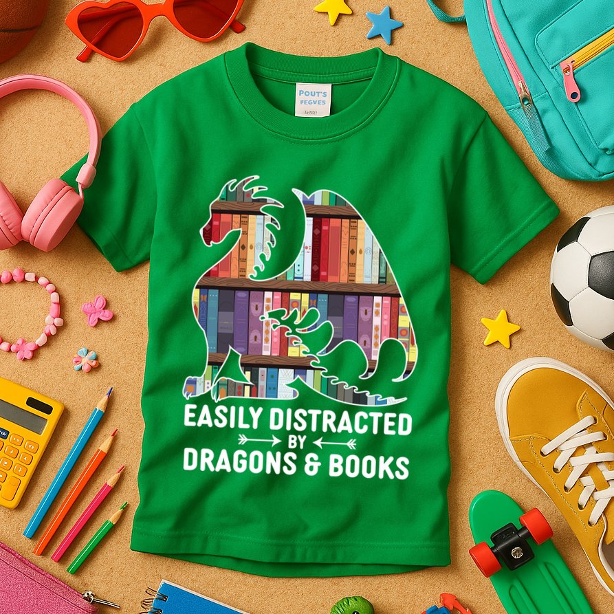 Easily Distracted By Dragons and Books Fantasy Book Lover Kids T-Shirt