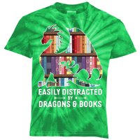 Easily Distracted By Dragons and Books Fantasy Book Lover Kids Tie-Dye T-Shirt