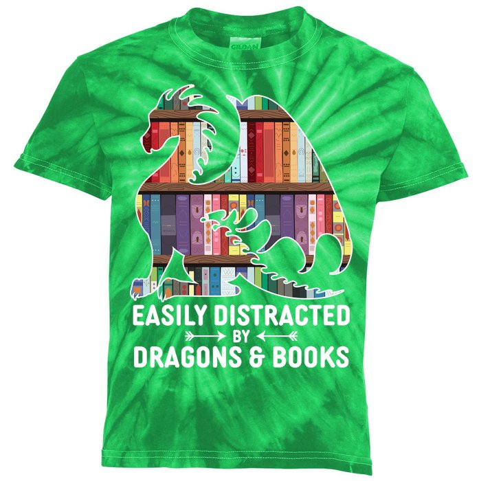 Easily Distracted By Dragons and Books Fantasy Book Lover Kids Tie-Dye T-Shirt