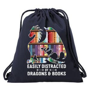 Easily Distracted By Dragons and Books Fantasy Book Lover Drawstring Bag