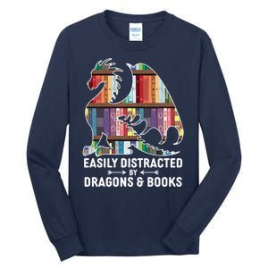 Easily Distracted By Dragons and Books Fantasy Book Lover Tall Long Sleeve T-Shirt