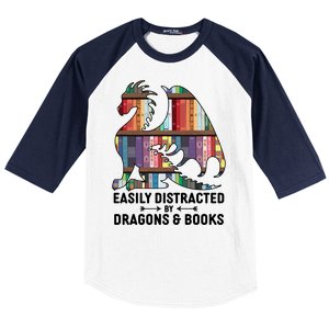 Easily Distracted By Dragons and Books Fantasy Book Lover Baseball Sleeve Shirt