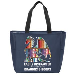 Easily Distracted By Dragons and Books Fantasy Book Lover Zip Tote Bag