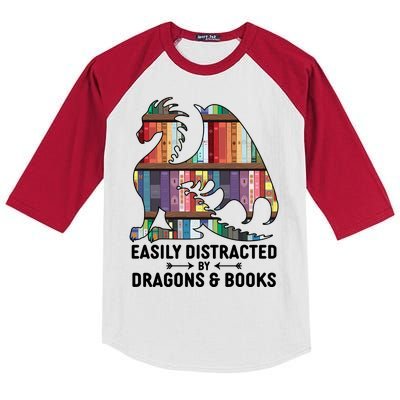 Easily Distracted By Dragons and Books Fantasy Book Lover Kids Colorblock Raglan Jersey