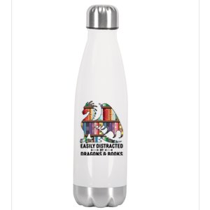 Easily Distracted By Dragons and Books Fantasy Book Lover Stainless Steel Insulated Water Bottle