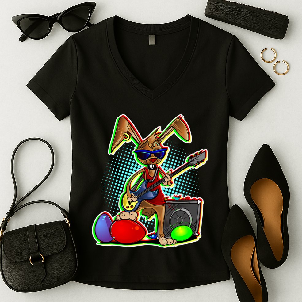 Easter Rock Bunny Women's V-Neck T-Shirt