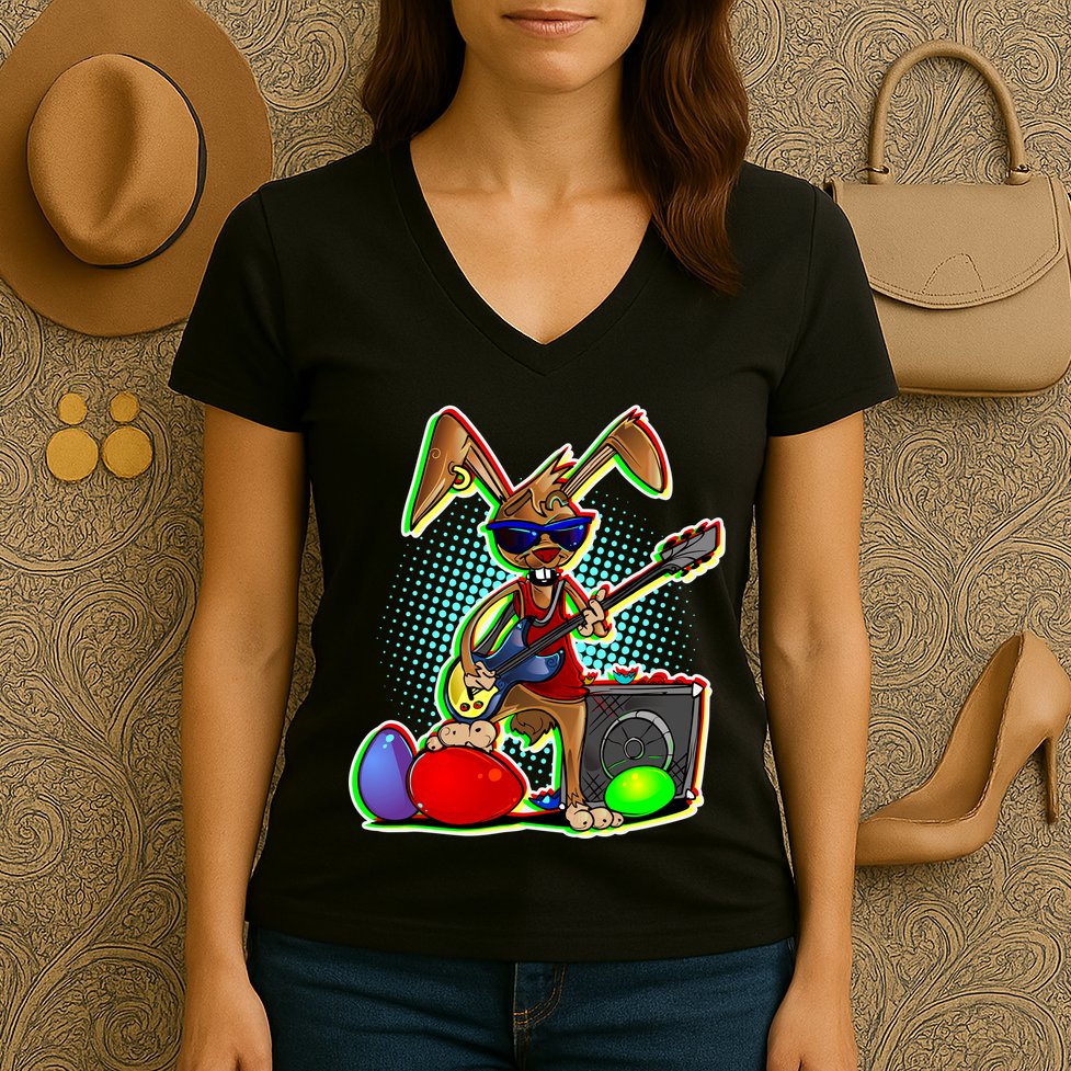 Easter Rock Bunny Women's V-Neck T-Shirt