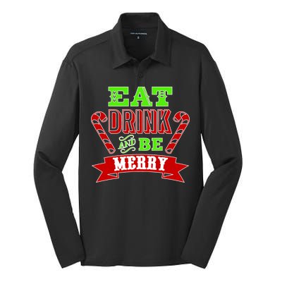 Eat Drink And Be Merry Christmas Silk Touch Performance Long Sleeve Polo