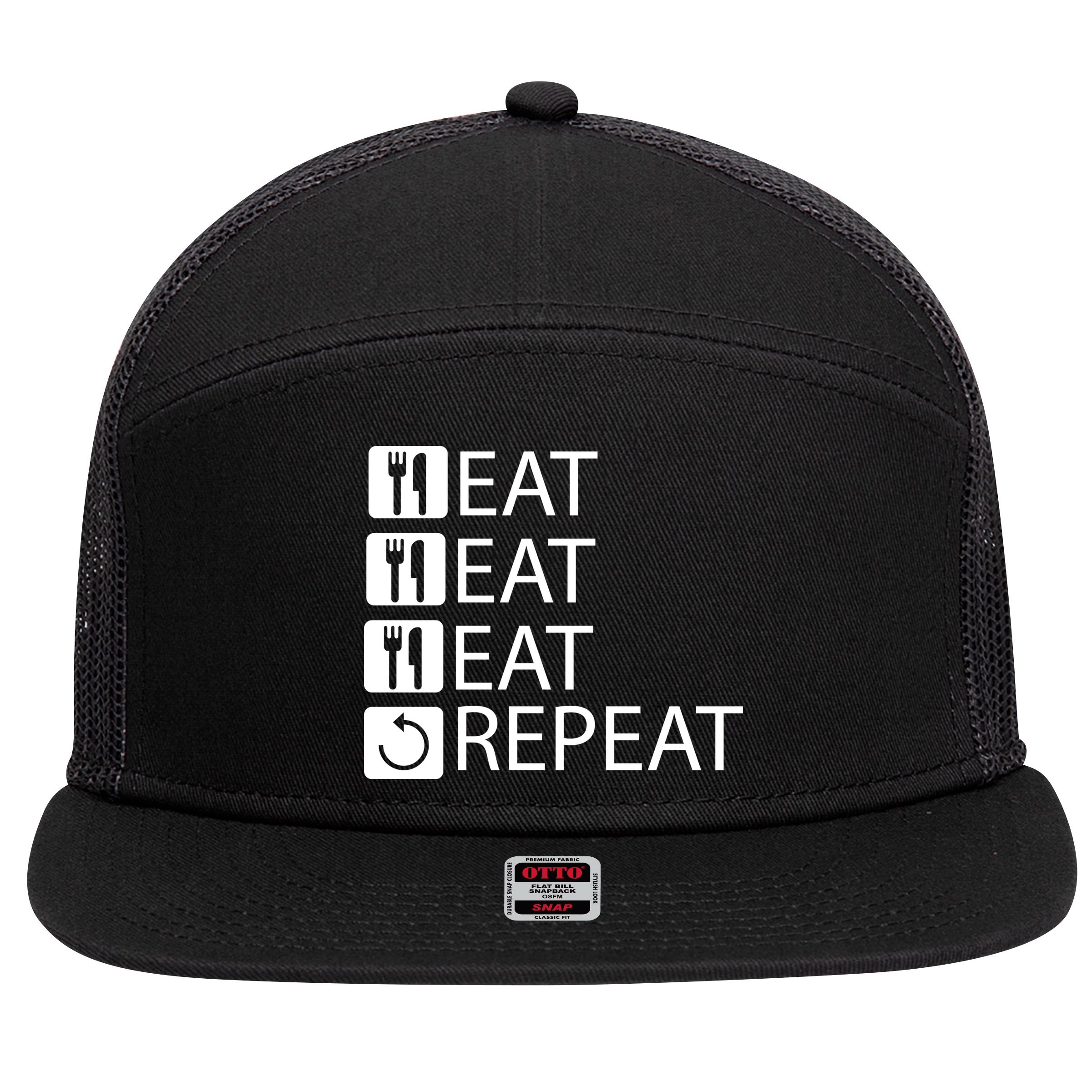 Eat Eat Eat Repeat 7 Panel Mesh Trucker Snapback Hat