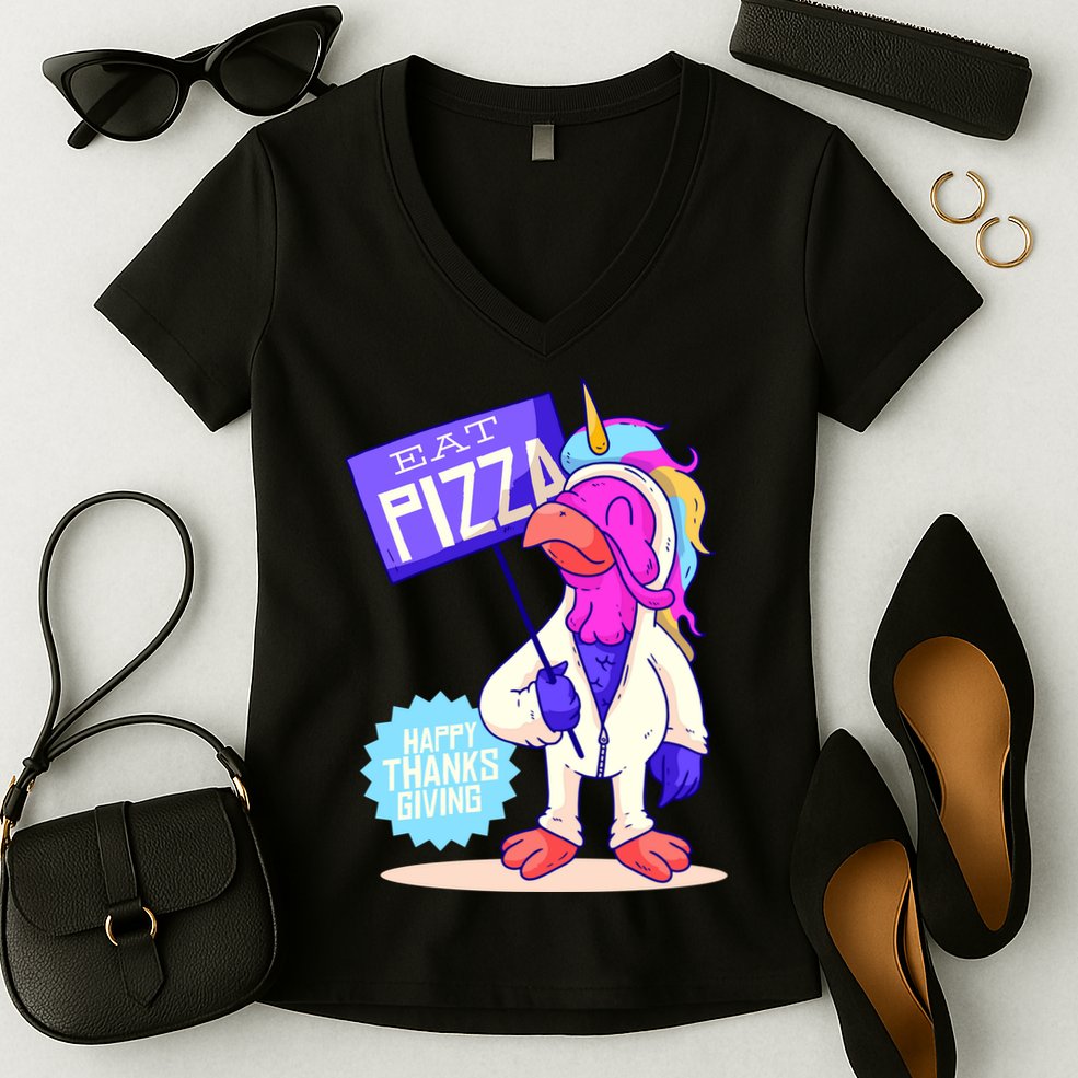 Eat Pizza Funny Happy Thanksgiving Women's V-Neck T-Shirt