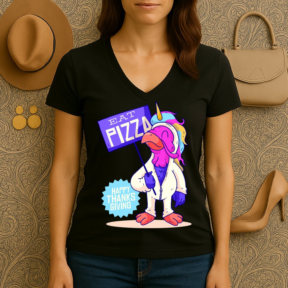 Eat Pizza Funny Happy Thanksgiving Women's V-Neck T-Shirt