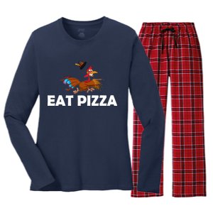 Eat Pizza Not Turkey Funny Thanksgiving Women's Long Sleeve Flannel Pajama Set 