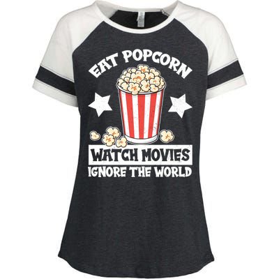 Eat Popcorn Watch Movies Ignore The World Enza Ladies Jersey Colorblock Tee