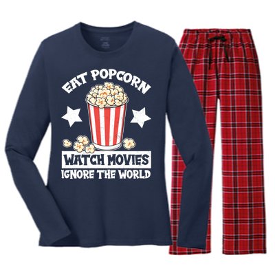 Eat Popcorn Watch Movies Ignore The World Women's Long Sleeve Flannel Pajama Set 