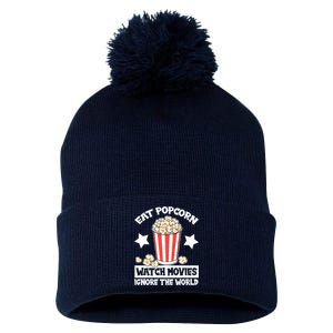 Eat Popcorn Watch Movies Ignore The World Pom Pom 12in Knit Beanie