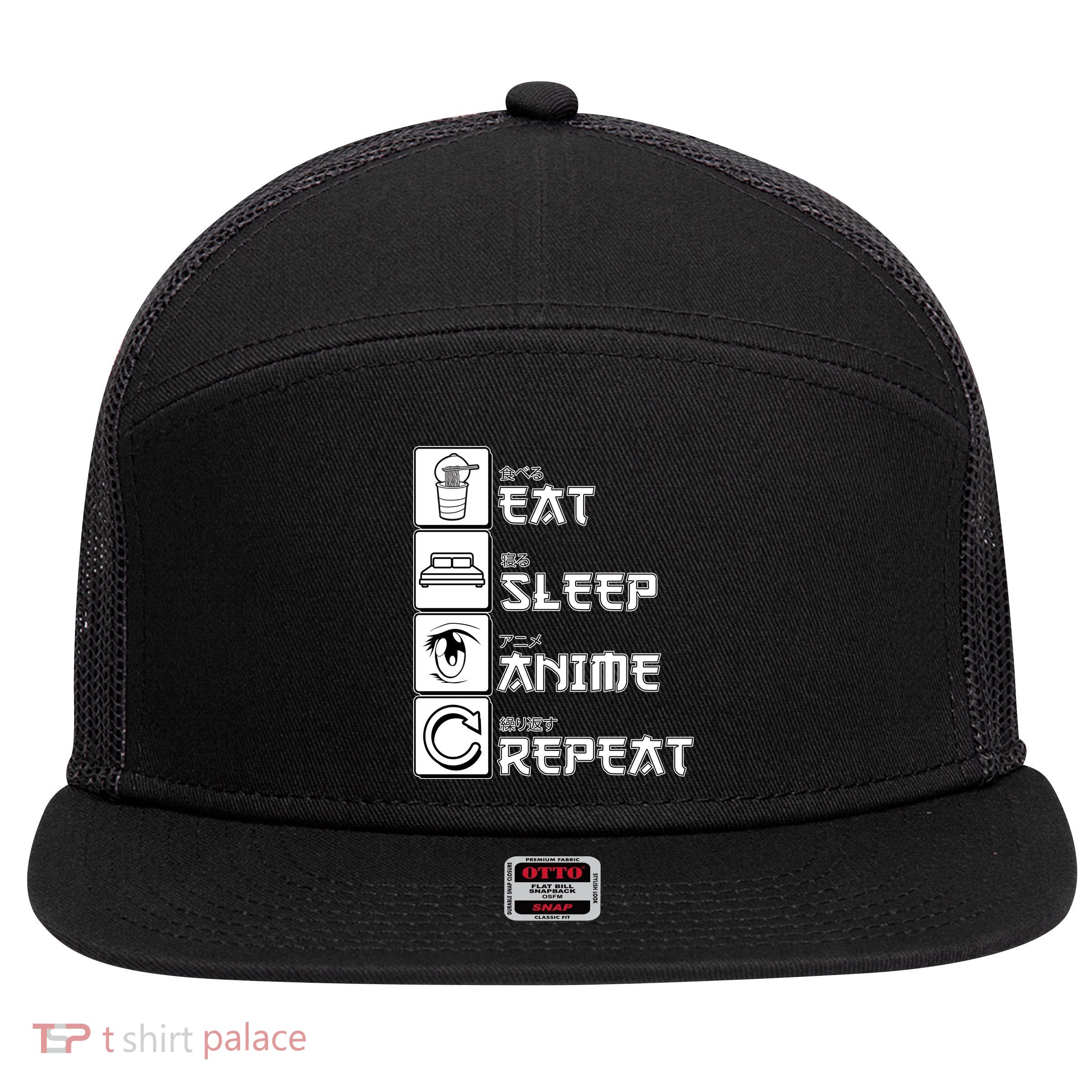 Eat Sleep Anime Repeat 7 Panel Mesh Trucker Snapback Hat