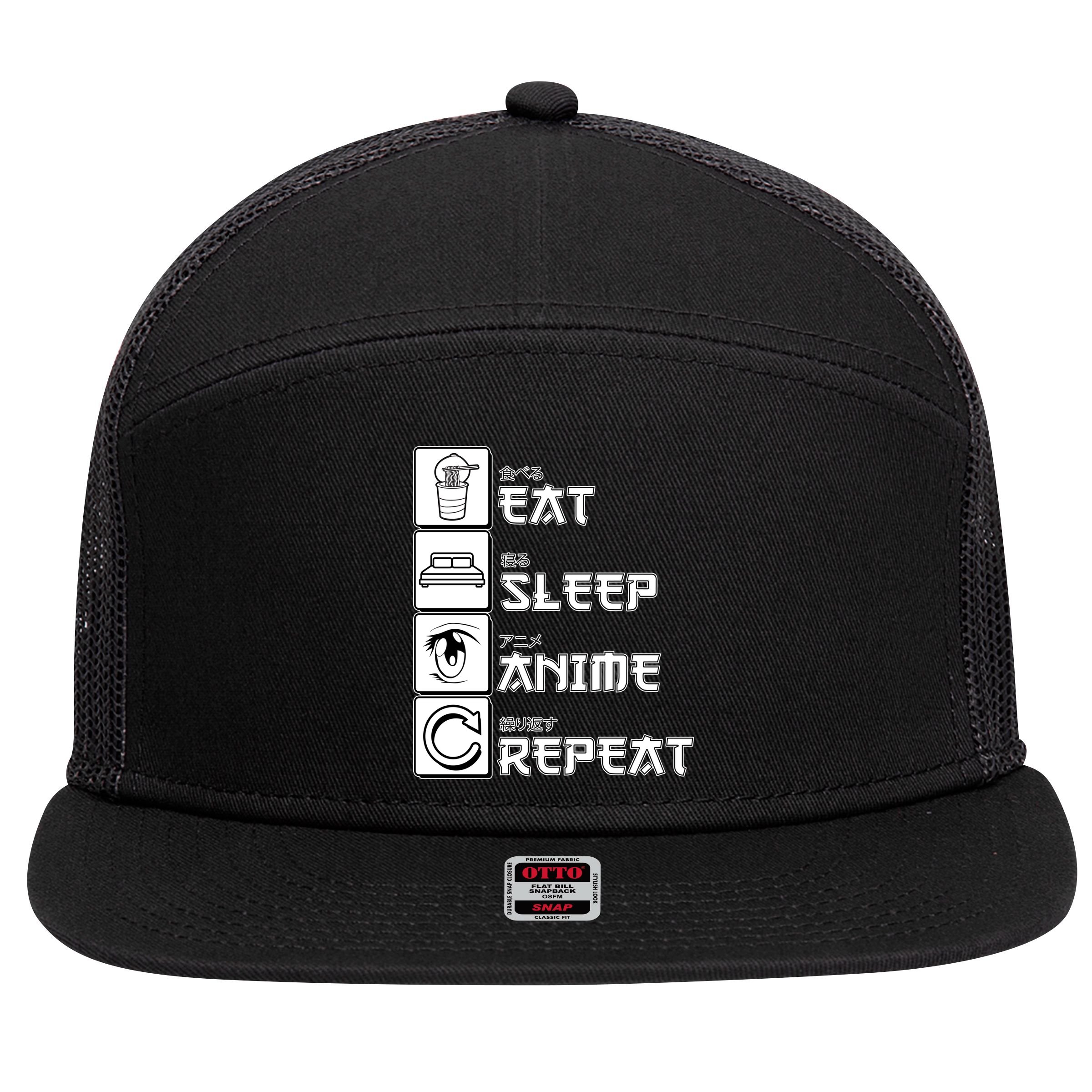 Eat Sleep Anime Repeat 7 Panel Mesh Trucker Snapback Hat