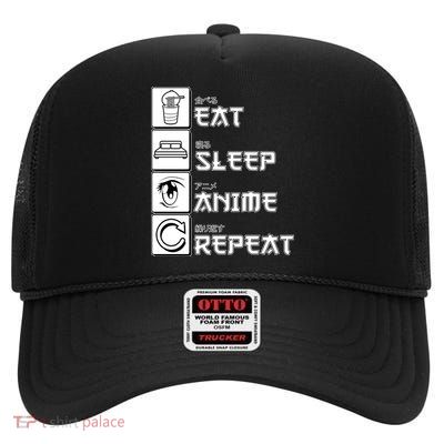Eat Sleep Anime Repeat High Crown Mesh Back Trucker Hat
