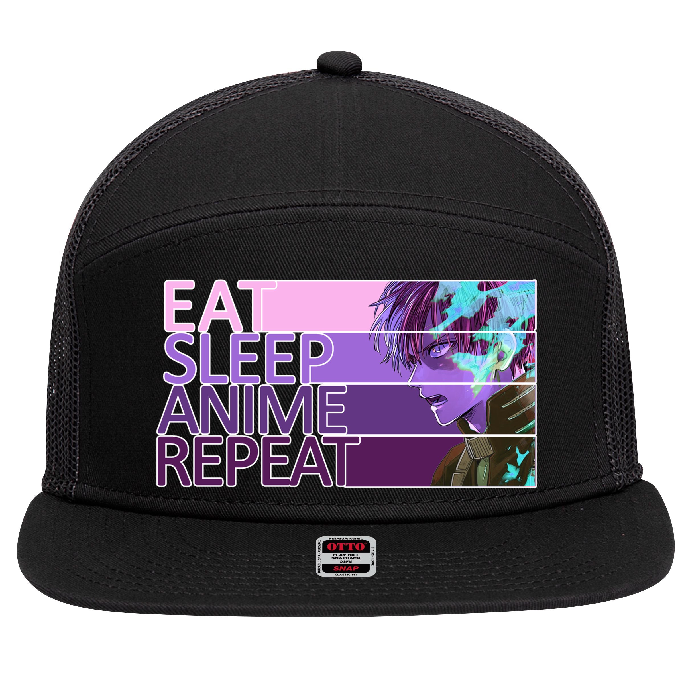 Eat Sleep Anime Repeat Funny Cartoon 7 Panel Mesh Trucker Snapback Hat