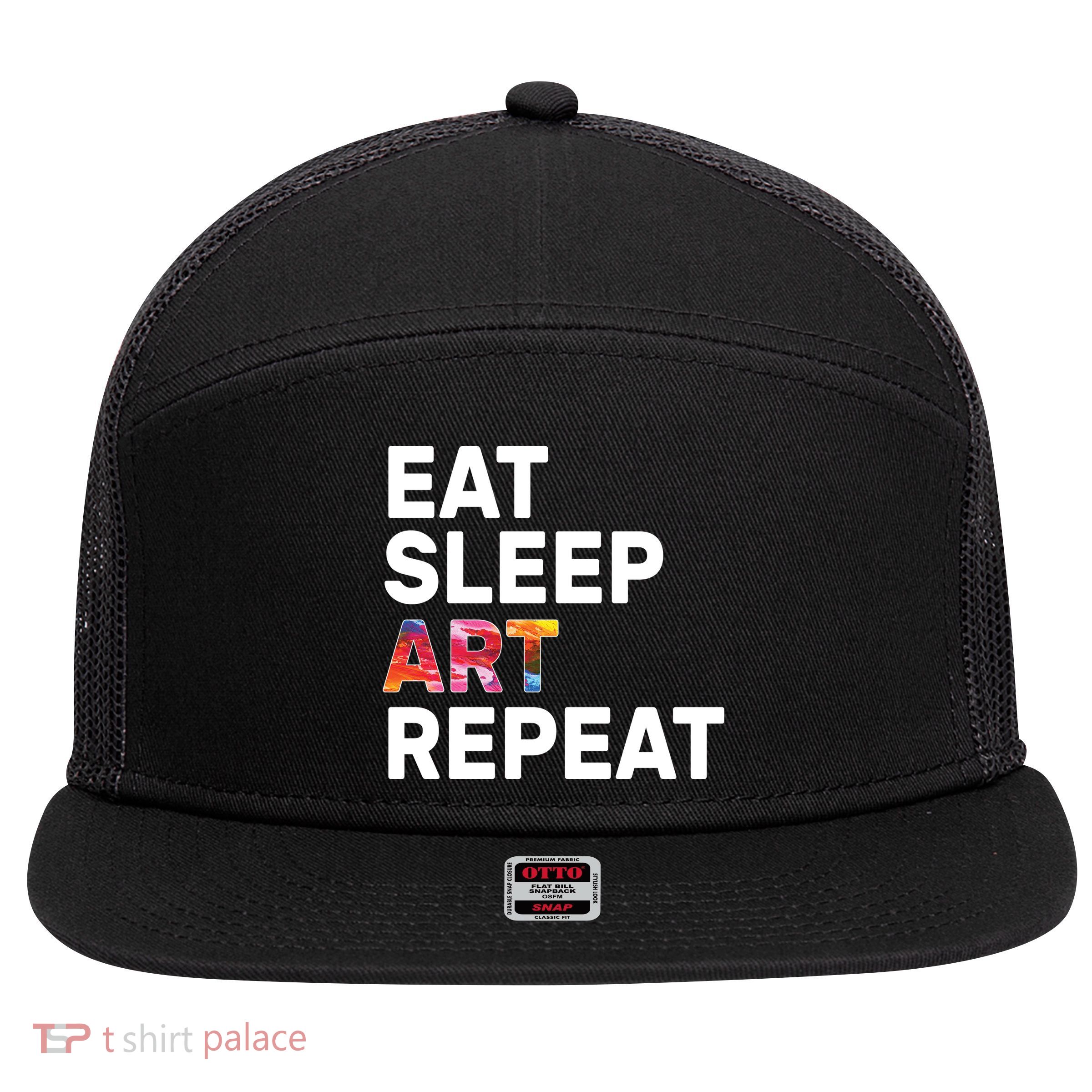 Eat Sleep Art Repeat 7 Panel Mesh Trucker Snapback Hat