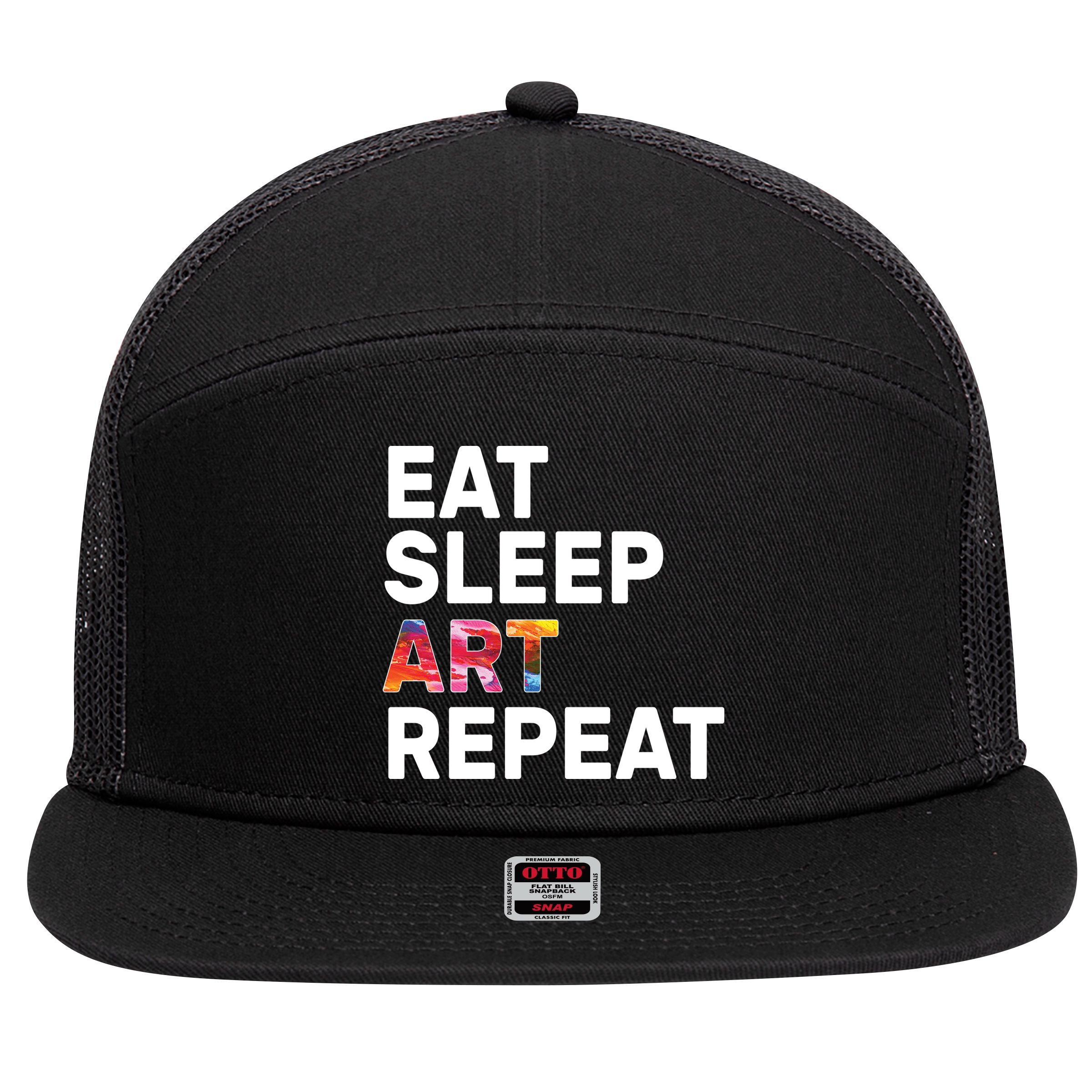 Eat Sleep Art Repeat 7 Panel Mesh Trucker Snapback Hat