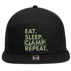 Eat Sleep Camp Repeat Camping Fan 7 Panel Mesh Trucker Snapback Hat