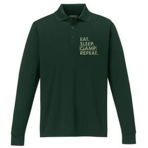 Eat Sleep Camp Repeat Camping Fan Performance Long Sleeve Polo