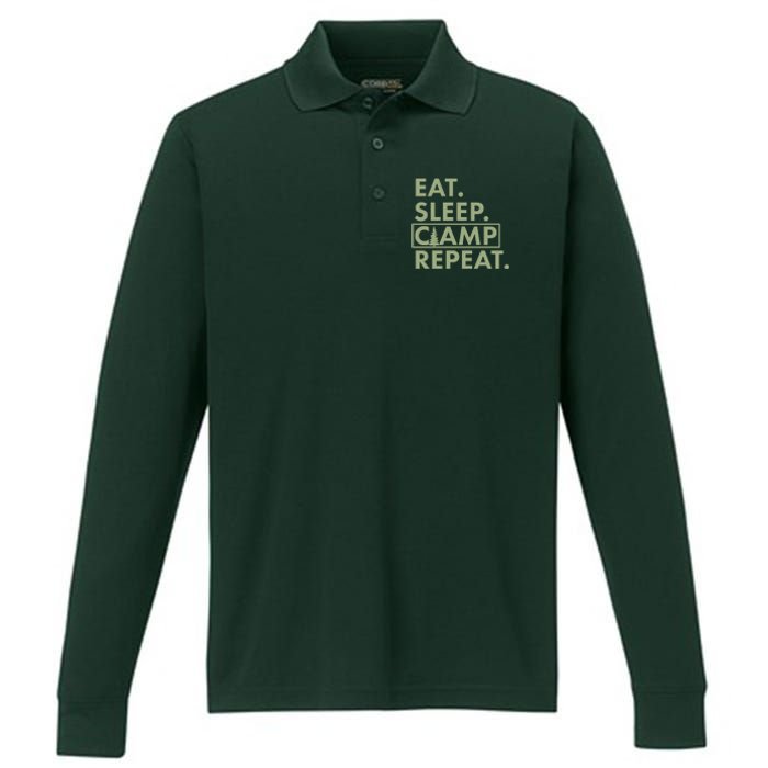 Eat Sleep Camp Repeat Camping Fan Performance Long Sleeve Polo