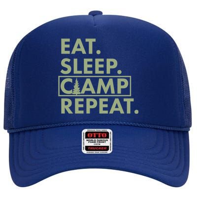 Eat Sleep Camp Repeat Camping Fan High Crown Mesh Back Trucker Hat