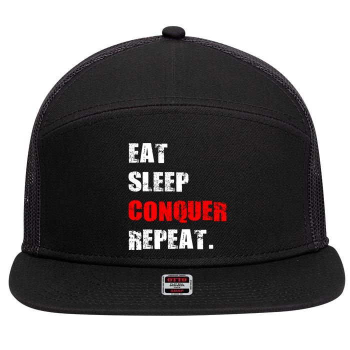 Eat Sleep Conquer Repeat 7 Panel Mesh Trucker Snapback Hat