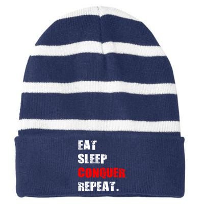 Eat Sleep Conquer Repeat Striped Beanie with Solid Band