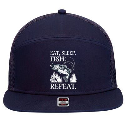 Eat Sleep Fish Repeat 7 Panel Mesh Trucker Snapback Hat