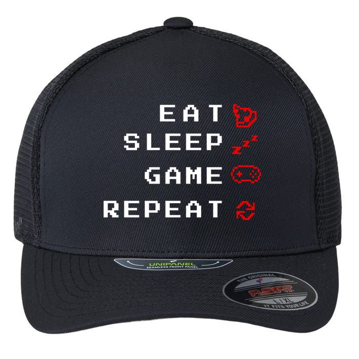 Eat Sleep Game Repeat Flexfit Unipanel Trucker Cap