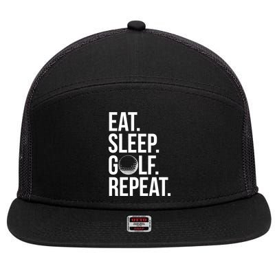 Eat Sleep Golf Repeat 7 Panel Mesh Trucker Snapback Hat