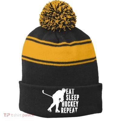 Eat Sleep Hockey Repeat Stripe Pom Pom Beanie