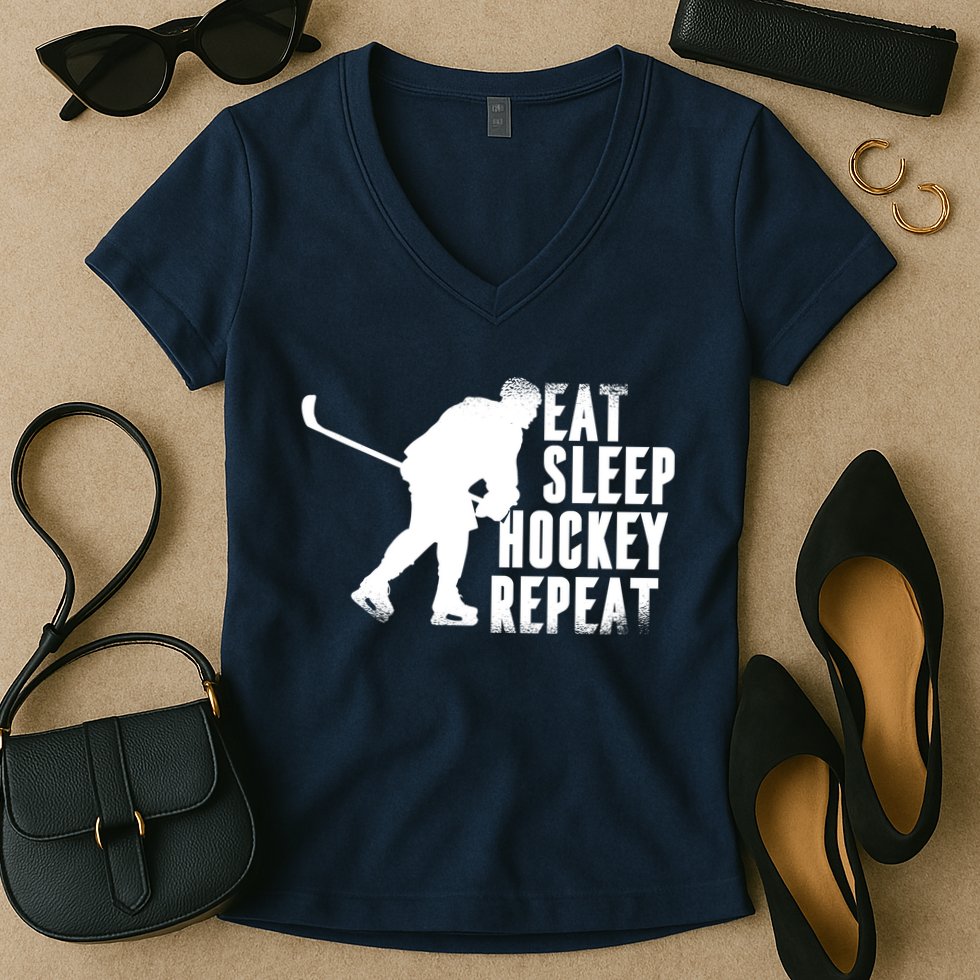 Eat Sleep Hockey Repeat Women's V-Neck T-Shirt