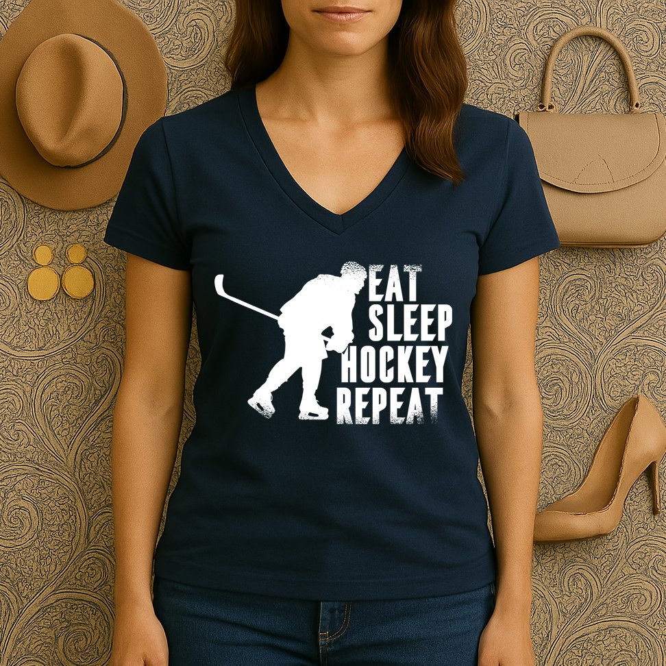 Eat Sleep Hockey Repeat Women's V-Neck T-Shirt