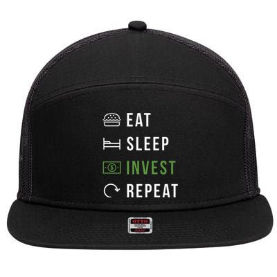 Eat Sleep Invest Repeat 7 Panel Mesh Trucker Snapback Hat