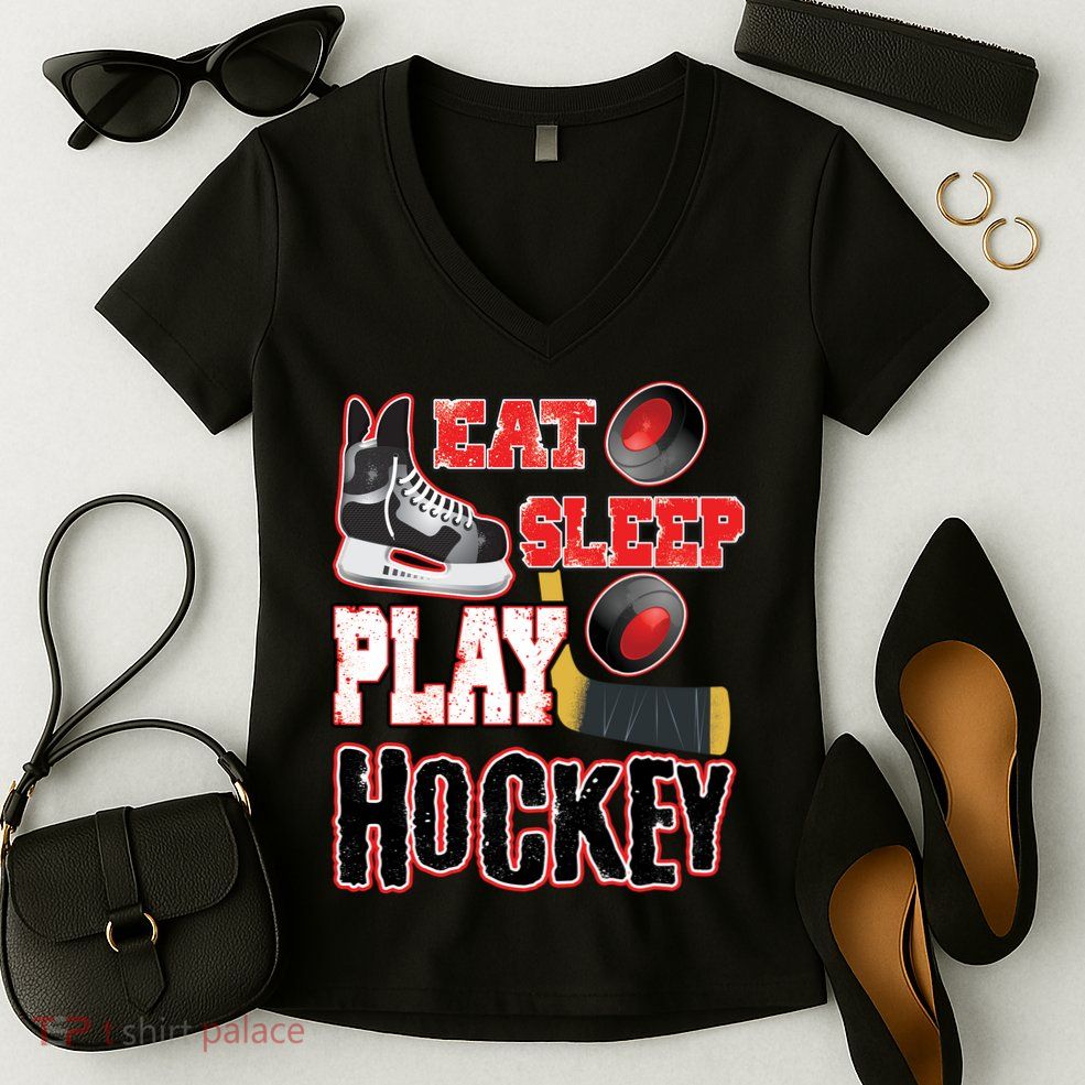 Eat Sleep Play Hockey Women's V-Neck T-Shirt