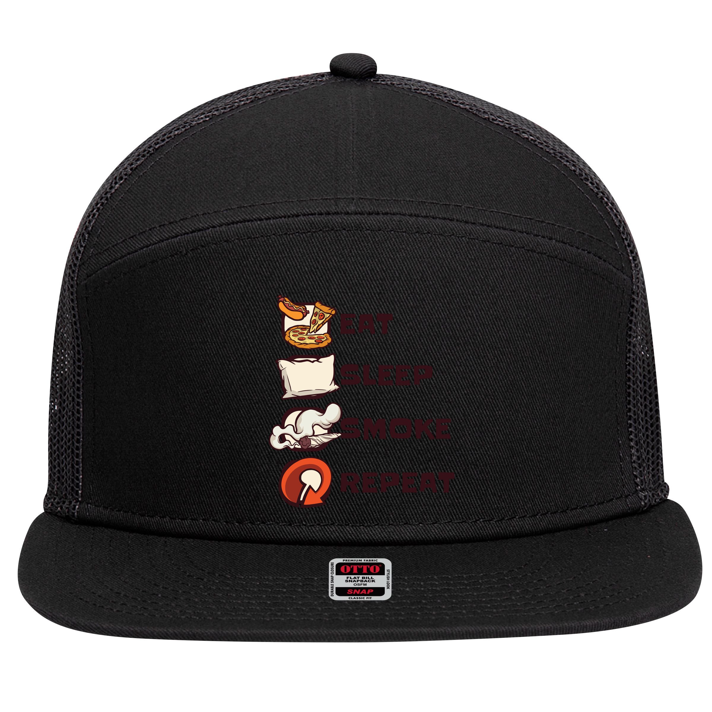 Eat Sleep Smoke Repeat 7 Panel Mesh Trucker Snapback Hat