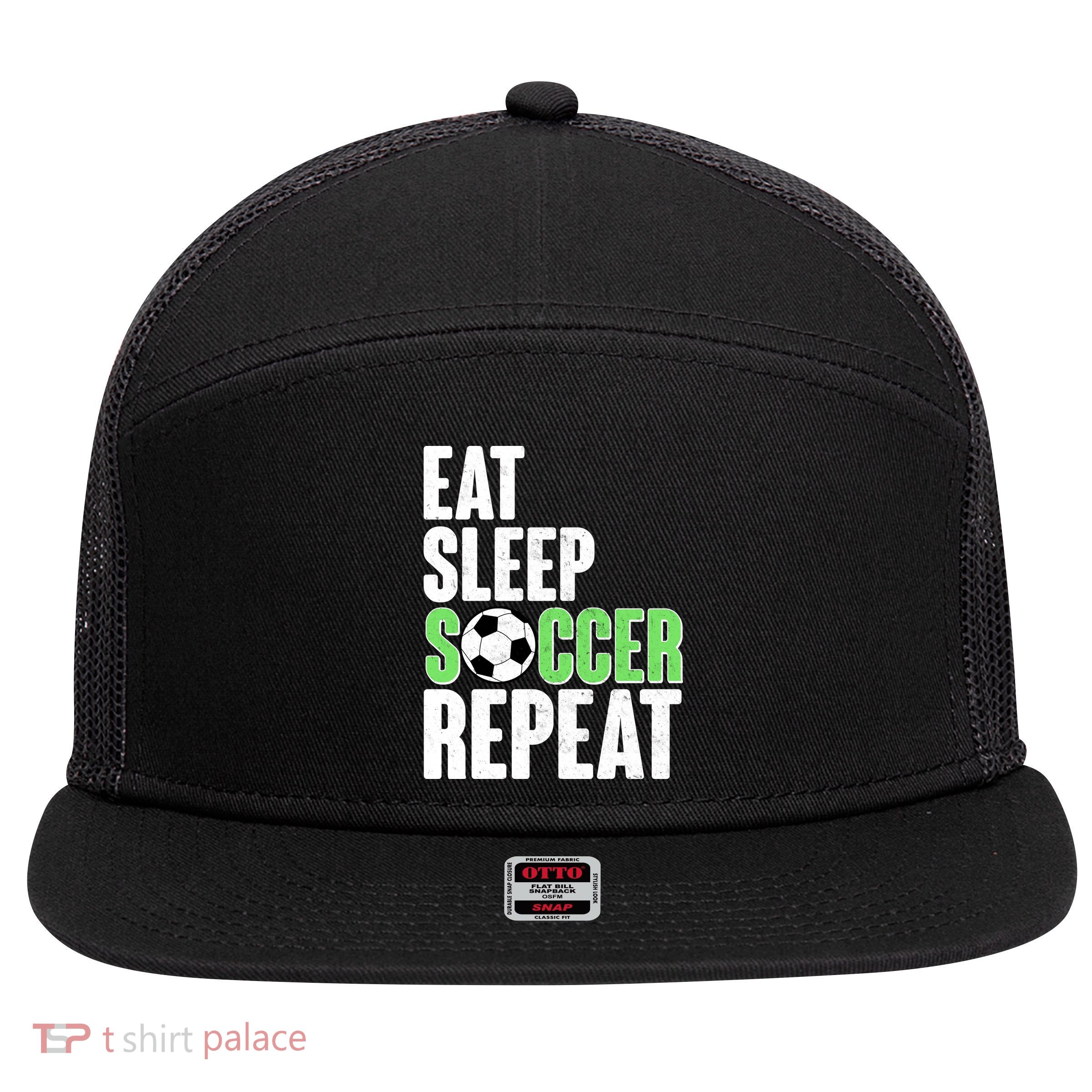 Eat Sleep Soccer Repeat 7 Panel Mesh Trucker Snapback Hat