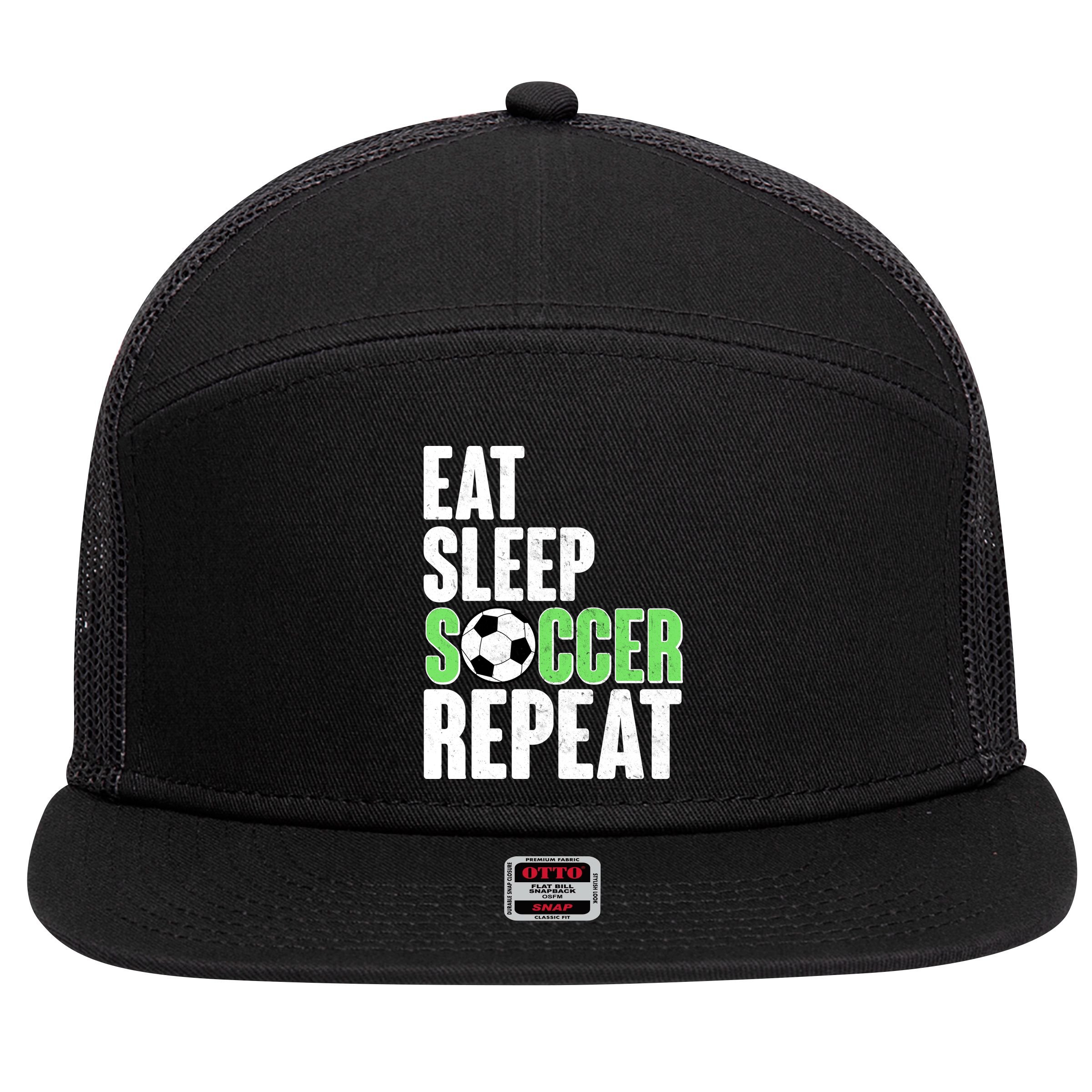 Eat Sleep Soccer Repeat 7 Panel Mesh Trucker Snapback Hat