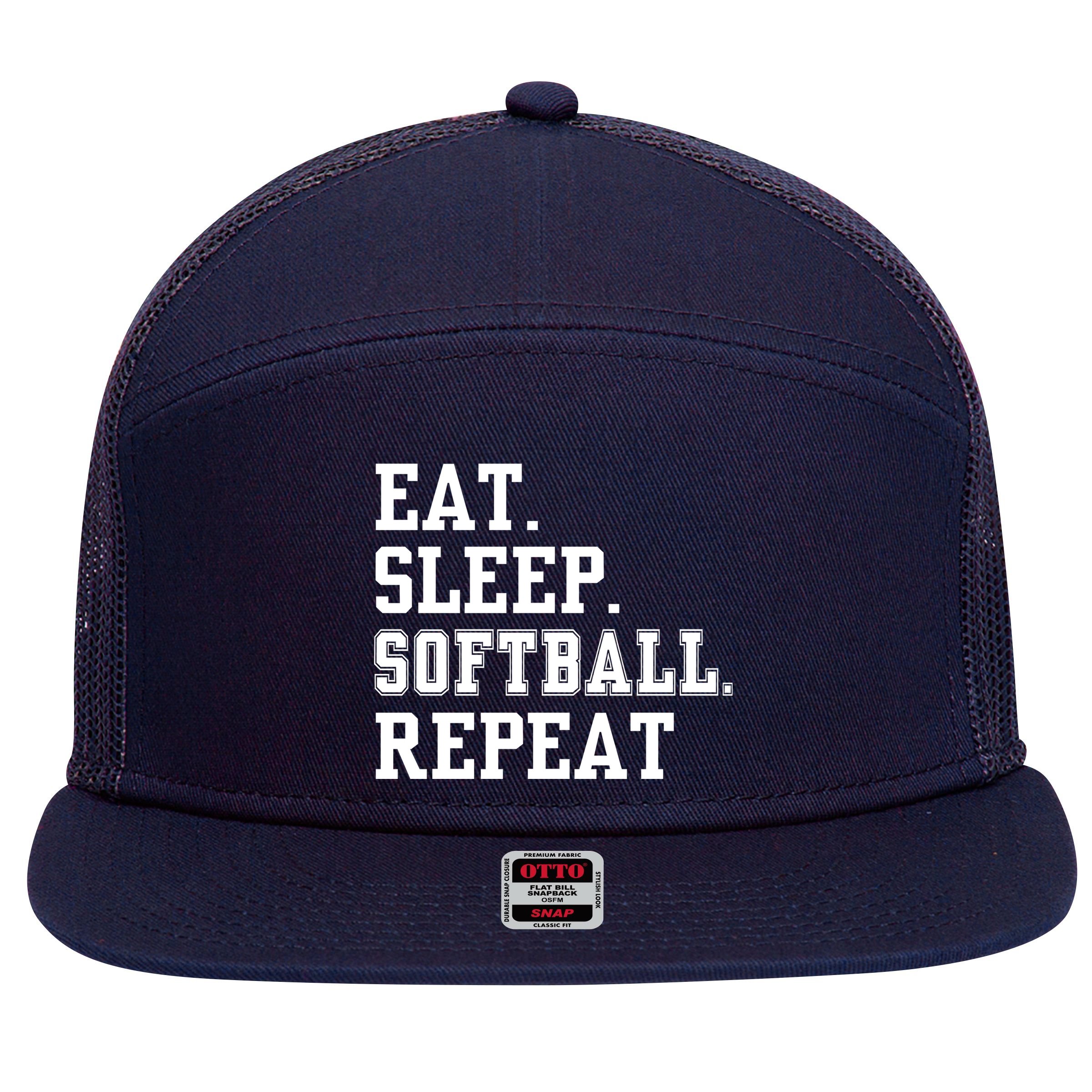 Eat Sleep Softball Repeat 7 Panel Mesh Trucker Snapback Hat