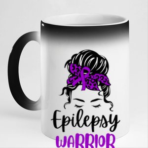 Epilepsy Awareness Woman Glasses Messy Bun Leopard Bandana 11oz Black Color Changing Mug