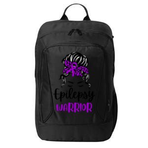 Epilepsy Awareness Woman Glasses Messy Bun Leopard Bandana City Backpack