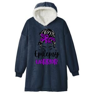 Epilepsy Awareness Woman Glasses Messy Bun Leopard Bandana Hooded Wearable Blanket